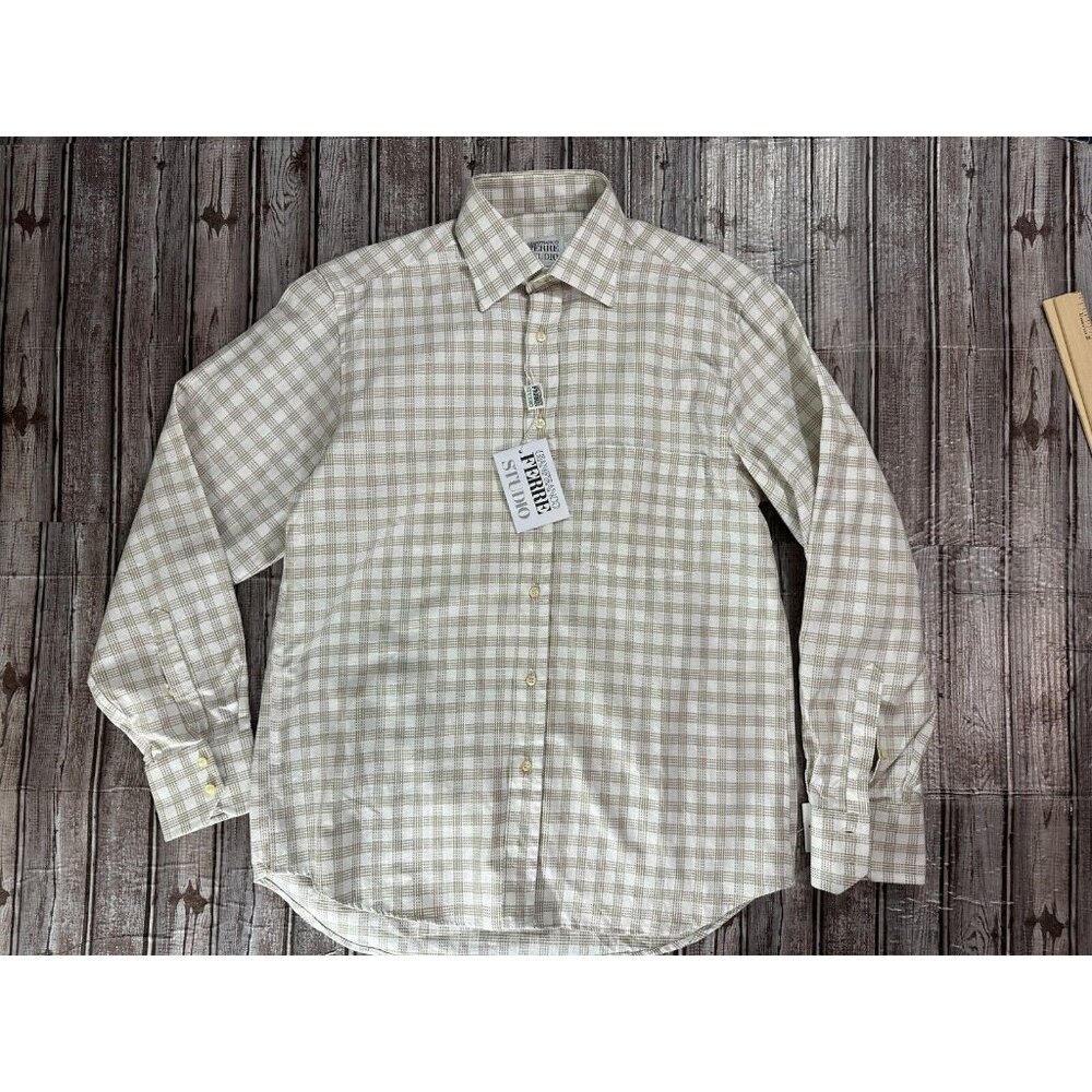 Gianfranco Ferre Studio plaid Dress Shirt Sz 15.5 40 color beige white NWT